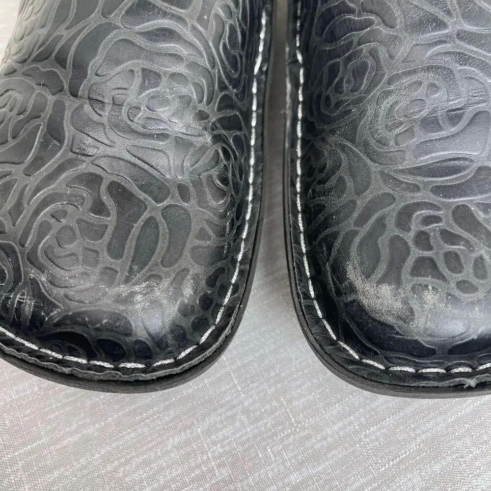 Alegria Women Black Floral Embossed Leather Slip On Comfort Shoes Size 41